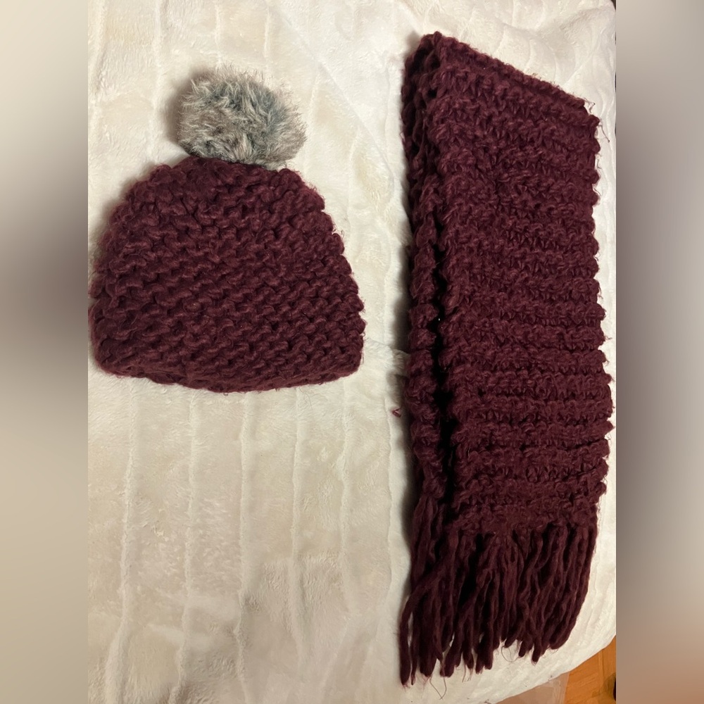 Love & Lore Burgundy Knit Beanie and Scarf Set